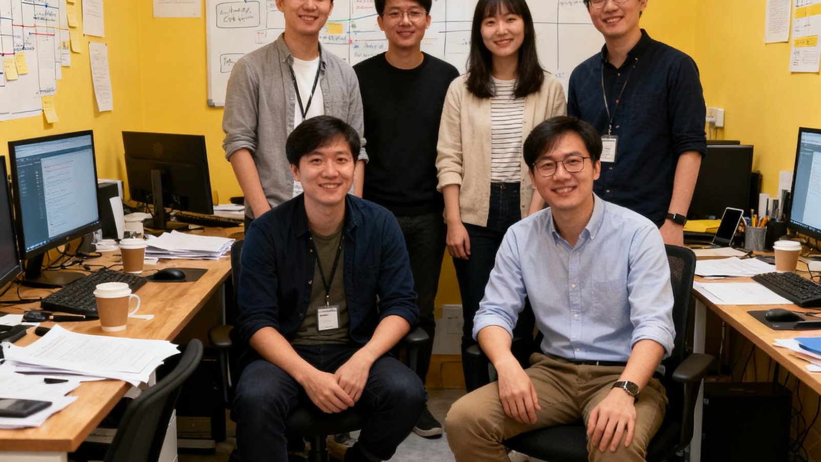 JRS直播创始团队在2019年租用的第一间20平米办公室内合影，六位合伙人从大学室友到创业伙伴。
